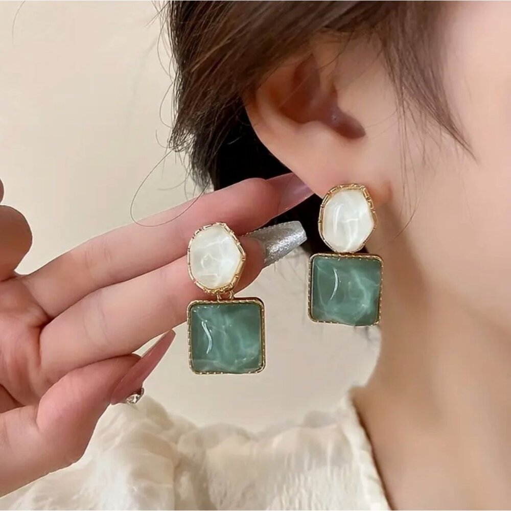 Green & White Geometric Earrings